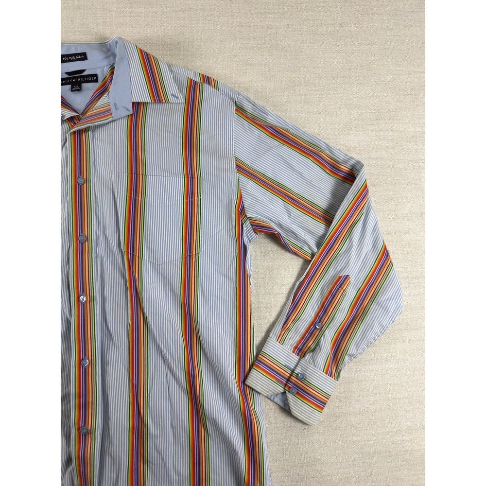 Tommy Hilfiger 80s 2 Ply Shirt Mens L Rainbow Stripe Long Sleeve Button Down - Picture 2 of 9